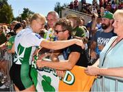 16 September 2018; Sanita Puspure of Ireland celebrates with supporters following her victory in the Women's Single Sculls Final on day eight of the World Rowing Championships in Plovdiv, Bulgaria. Photo by Seb Daly/Sportsfile
