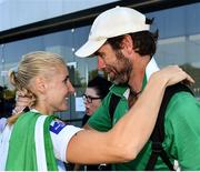16 September 2018; Sanita Puspure of Ireland is congratulated by Rowing Ireland High Performance Coach David McGowan following her victory in the Women's Single Sculls Final on day eight of the World Rowing Championships in Plovdiv, Bulgaria. Photo by Seb Daly/Sportsfile