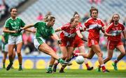 16 September 2018; Rebecca Delee of Limerick shoots to score her side's second goal during the TG4 All-Ireland Ladies Football Junior Championship Final match between Limerick and Louth at Croke Park, Dublin. Photo by David Fitzgerald/Sportsfile