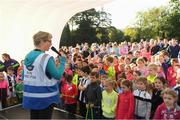 16 September 2018; Run Director Mairéad Scanlon at the Marlay Junior parkrun, at Marley Park in Dublin, where Vhi hosted a special event to celebrate their partnership with parkrun Ireland. Vhi hosted a lively warm up routine which was great fun for children and adults alike. Crossing the finish line was a special experience as children were showered with bubbles and streamers to celebrate their achievement and each child received a gift. Junior parkrun in partnership with Vhi support local communities in organising free, weekly, timed 2km runs every Sunday at 9.30am. To register for a parkrun near you visit www.parkrun.ie. Photo by Piaras Ó Mídheach/Sportsfile