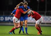 15 September 2018; Jeamie Deacon of Leinster is tackled by Roisin Ormond, left, and Fiona Hayes of Munster during the Women’s Interprovincial Championship match between Leinster and Munster at Energia Park in Donnybrook, Dublin. Photo by Brendan Moran/Sportsfile