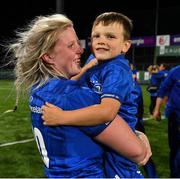 15 September 2018; Nicole Purdom of Leinster celebrates with Max Armstrong, son of head coach Ben Armstrong, after the Women’s Interprovincial Championship match between Leinster and Munster at Energia Park in Donnybrook, Dublin. Photo by Brendan Moran/Sportsfile