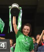 16 September 2018; Limerick captain Cathy Mee lifts the West County Hotel Cup following the TG4 All-Ireland Ladies Football Junior Championship Final match between Limerick and Louth at Croke Park, Dublin. Photo by David Fitzgerald/Sportsfile