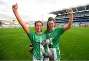 16 September 2018; Mairéad Kavanagh, left, and Loretta Hanley of Limerick celebrate with the West County Hotel cup following the TG4 All-Ireland Ladies Football Junior Championship Final match between Limerick and Louth at Croke Park, Dublin. Photo by David Fitzgerald/Sportsfile