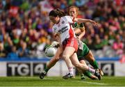 16 September 2018; Gráinne Rafferty of Tyrone on her way to scoring her side's third goal despite the efforts of Meath goalkeeper Monica McGuirk and team mate Orlaith Duff during the TG4 All-Ireland Ladies Football Intermediate Championship Final match between Meath and Tyrone at Croke Park, Dublin. Photo by Piaras Ó Mídheach/Sportsfile
