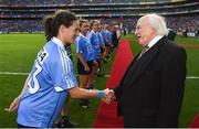 16 September 2018; President of Ireland Michael D Higgins meets Dublin captain Sinead Aherne prior to the TG4 All-Ireland Ladies Football Senior Championship Final match between Cork and Dublin at Croke Park, Dublin. Photo by David Fitzgerald/Sportsfile