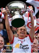 16 September 2018; Tyrone captain Neamh Woods lifts the Mary Quinn Memorial Cup after the TG4 All-Ireland Ladies Football Intermediate Championship Final match between Meath and Tyrone at Croke Park, Dublin. Photo by Brendan Moran/Sportsfile