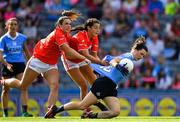 16 September 2018; Lyndsey Davey of Dublin is fouled by Eimear Meaney and Shauna Kelly of Cork resulting in a penalty during the TG4 All-Ireland Ladies Football Senior Championship Final match between Cork and Dublin at Croke Park, Dublin. Photo by Brendan Moran/Sportsfile