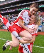 16 September 2018; Gemma Begley of Tyrone celebrates with team mate Lycrecia Quinn, left, after the TG4 All-Ireland Ladies Football Intermediate Championship Final match between Meath and Tyrone at Croke Park, Dublin. Photo by Eóin Noonan/Sportsfile