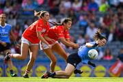 16 September 2018; Lyndsey Davey of Dublin is fouled by Eimear Meaney and Shauna Kelly of Cork resulting in a penalty during the TG4 All-Ireland Ladies Football Senior Championship Final match between Cork and Dublin at Croke Park, Dublin. Photo by Brendan Moran/Sportsfile