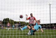 16 September 2018; Chris Hull of Cobh Ramblers scores his side's first goal despite the attention of Darren Cole of Derry City during the EA SPORTS Cup Final between Derry City and Cobh Ramblers at the Brandywell Stadium in Derry. Photo by Stephen McCarthy/Sportsfile