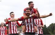 16 September 2018; Darren Cole, centre, celebrates with his Derry City team-mates Aaron McEneff and Ronan Hale, left, after scoring his side's second goal during the EA SPORTS Cup Final between Derry City and Cobh Ramblers at the Brandywell Stadium in Derry. Photo by Stephen McCarthy/Sportsfile