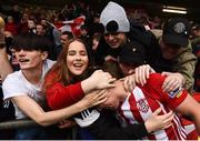 16 September 2018; Ben Fisk celebrates with the Derry City supporters after their second goal during the EA SPORTS Cup Final between Derry City and Cobh Ramblers at the Brandywell Stadium in Derry. Photo by Stephen McCarthy/Sportsfile