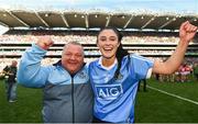 16 September 2018; Olwen Carey of Dublin, right, and backs coach Paul Gilheaney celebrate following the TG4 All-Ireland Ladies Football Senior Championship Final match between Cork and Dublin at Croke Park, Dublin. Photo by David Fitzgerald/Sportsfile