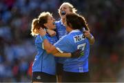 16 September 2018; Dublin players, from left, Sinéad Finnegan, Amy Connolly and Niamh Collins celebrate at the final whistle of the TG4 All-Ireland Ladies Football Senior Championship Final match between Cork and Dublin at Croke Park, Dublin. Photo by Brendan Moran/Sportsfile