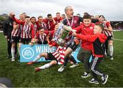 16 September 2018; Derry City captain Gerard Doherty and children Lennan and Killian, right, celebrate following the EA SPORTS Cup Final between Derry City and Cobh Ramblers at the Brandywell Stadium in Derry. Photo by Stephen McCarthy/Sportsfile