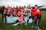 16 September 2018; Derry City captain Gerard Doherty and children Lennan and Killian, right, celebrate following the EA SPORTS Cup Final between Derry City and Cobh Ramblers at the Brandywell Stadium in Derry. Photo by Stephen McCarthy/Sportsfile