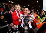 16 September 2018; Gerard Doherty of Derry City and his son Killian celebrate following the EA SPORTS Cup Final between Derry City and Cobh Ramblers at the Brandywell Stadium in Derry. Photo by Stephen McCarthy/Sportsfile
