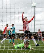 16 September 2018; Ronan Hale celebrates after his Derry City team-mate Darren Cole, left, scored their second goal past Cobh Ramblers goalkeeper Adam Mylod during the EA SPORTS Cup Final between Derry City and Cobh Ramblers at the Brandywell Stadium in Derry. Photo by Stephen McCarthy/Sportsfile