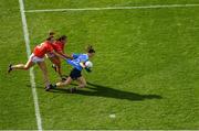 16 September 2018; Lyndsey Davey of Dublin is fouled for a penalty by Shauna Kelly, left, and Eimear Meaney of Cork, that was scored by Sinéad Aherne of Dublin, during the TG4 All-Ireland Ladies Football Senior Championship Final match between Cork and Dublin at Croke Park, Dublin. Photo by Piaras Ó Mídheach/Sportsfile