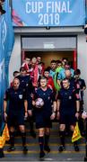 16 September 2018; Referee Ben Connolly and his officials lead the side out prior to the EA SPORTS Cup Final between Derry City and Cobh Ramblers at the Brandywell Stadium in Derry. Photo by Stephen McCarthy/Sportsfile