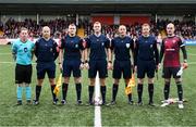 16 September 2018; Cobh Ramblers captain Shane O'Connor and Derry City captain Gerard Doherty with match officials, from left, additional assistant Tomas Connolly, assistant referee Ciaran Delaney, referee Ben Connolly, assistant referee Emmet Dynan, and additional assistant John McLoughlin prior to the EA SPORTS Cup Final between Derry City and Cobh Ramblers at the Brandywell Stadium in Derry. Photo by Stephen McCarthy/Sportsfile