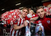 16 September 2018; Kevin McHattie, left, and Ally Roy of Derry City celebrate with supporters following the EA SPORTS Cup Final between Derry City and Cobh Ramblers at the Brandywell Stadium in Derry. Photo by Stephen McCarthy/Sportsfile