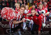 16 September 2018; Kevin McHattie, left, and Ally Roy of Derry City celebrate with supporters following the EA SPORTS Cup Final between Derry City and Cobh Ramblers at the Brandywell Stadium in Derry. Photo by Stephen McCarthy/Sportsfile
