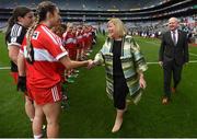 16 September 2018; LGFA President Marie Hickey meets Louth captain Kate Flood during the TG4 All-Ireland Ladies Football Junior Championship Final match between Limerick and Louth at Croke Park, Dublin. Photo by David Fitzgerald/Sportsfile