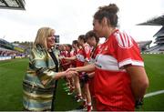 16 September 2018; LGFA President Marie Hickey meets Bonnie Fleming of Louth during the TG4 All-Ireland Ladies Football Junior Championship Final match between Limerick and Louth at Croke Park, Dublin. Photo by David Fitzgerald/Sportsfile