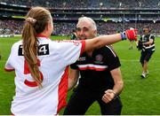 16 September 2018; Tyrone manager Gerry Moane and Slaine Mc Carroll of Tyrone celebrate following the TG4 All-Ireland Ladies Football Intermediate Championship Final match between Meath and Tyrone at Croke Park, Dublin. Photo by Sam Barnes/Sportsfile