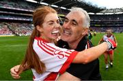 16 September 2018; Tyrone manager Gerry Moane and Niamh Mc Girr of Tyrone celebrate following the TG4 All-Ireland Ladies Football Intermediate Championship Final match between Meath and Tyrone at Croke Park, Dublin. Photo by Sam Barnes/Sportsfile