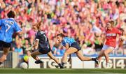 16 September 2018; Eimear Scally of Cork takes a shot on goal, which is cleared off the line by Niamh Collins of Dublin, far left, as Ciara Trant  and Siobhán McGrath of Dublin watch on, during the TG4 All-Ireland Ladies Football Senior Championship Final match between Cork and Dublin at Croke Park, Dublin. Photo by Sam Barnes/Sportsfile