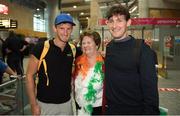 17 September 2018; Gary, left, and Paul O'Donovan of Team Ireland with their grandmother Mary Doab on their return from the World Rowing Championships in Bulgaria at Cork Airport in Cork. Photo by Eóin Noonan/Sportsfile