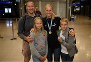 17 September 2018; Gold medallist Sanita Puspure with her husband Kasper, daughter Dani, age 10 and son Patrick, age 11, on her return from the World Rowing Championships at Dublin Airport in Dublin. Photo by David Fitzgerald/Sportsfile