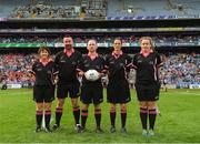 16 September 2018; Referee Garryown Mc Mahon and his officials before the TG4 All-Ireland Ladies Football Senior Championship Final match between Cork and Dublin at Croke Park, Dublin. Photo by Piaras Ó Mídheach/Sportsfile