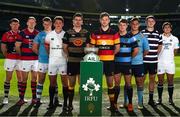 18 September 2018; All-Ireland players, from left, Daire Feeney of UCC, Mick Noone of Clontarf, Alan Fitzgerald of Garryowen, Colm Hogan of TCD, Alan Kennedy of Young Munster, Jack O Sullivan of Lansdowne, Will Leonard of Shannon, Stephen McVeigh of UCD, Michael Melia of Terenure College and Gary Bradley of Cork Constitution during the All-Ireland League and Women’s All-Ireland League 2018/19 Season launch at the Aviva Stadium in Dublin. Photo by Harry Murphy/Sportsfile