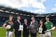 18 September 2018; Attendees, from left, Stephen Coen of Mayo, Seamus Hickey, CEO of the GPA, Alan Barrett, Director of the ESRI, Uachtarán Chumann Lúthchleas Gael John Horan, Elish Kelly, Senior Research Officer, ESRI and Séamus Flanagan of Limerick during the launch of the ESRI Report into Playing Senior Intercounty Gaelic Games at Croke Park in Dublin. Photo by Sam Barnes/Sportsfile