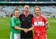 16 September 2018; Referee Niall McCormack with Cathy Mee of Limerick and Kate Flood of Louth during the TG4 All-Ireland Ladies Football Junior Championship Final match between Limerick and Louth at Croke Park, Dublin. Photo by Eóin Noonan/Sportsfile