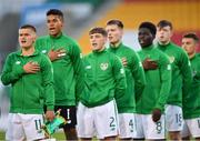 18 September 2018; Republic of Ireland captain Séamas Keogh leads his side in singing Amhrán na bhFiann ahead of the Under 17 International Friendly match between Republic of Ireland and Turkey at Tallaght Stadium in Tallaght, Dublin. Photo by Eóin Noonan/Sportsfile