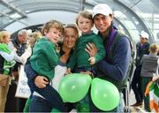 19 September 2018; Sam Watson with his wife Hannah and sons Archie, age 5, left, and Toby, age 4, during an Irish Eventing Team welcome home at Dublin Airport in Dublin. Photo by Eóin Noonan/Sportsfile