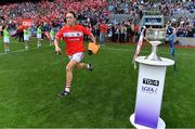 16 September 2018; Aisling Barrett of Cork passes the Brendan Martin Cup as she runs onto the pitch prior to the TG4 All-Ireland Ladies Football Senior Championship Final match between Cork and Dublin at Croke Park, Dublin. Photo by Brendan Moran/Sportsfile