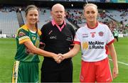 16 September 2018; Referee Gerry Carmody with team captains Niamh O'Sullivan of Meath and Neamh Woods of Tyrone prior to the TG4 All-Ireland Ladies Football Intermediate Championship Final match between Meath and Tyrone at Croke Park, Dublin. Photo by Brendan Moran/Sportsfile