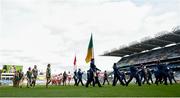16 September 2018; Both teams parade behind the band prior to the TG4 All-Ireland Ladies Football Intermediate Championship Final match between Meath and Tyrone at Croke Park, Dublin. Photo by David Fitzgerald/Sportsfile