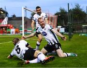 21 September 2018; Chris Shields of Dundalk celebrates with team-mate John Mountney, 8, and Michael Duffy after scoring his side's first goal during the SSE Airtricity League Premier Division match between Cork City and Dundalk at Turners Cross in Cork. Photo by Stephen McCarthy/Sportsfile