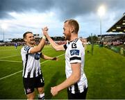 21 September 2018; Chris Shields of Dundalk celebrates with team-mate Dane Massey, left, after scoring his side's first goal during the SSE Airtricity League Premier Division match between Cork City and Dundalk at Turners Cross in Cork. Photo by Stephen McCarthy/Sportsfile