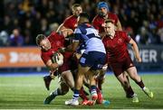 21 September 2018; Dave Kilcoyne of Munster is tackled by Josh Turnbull, behind, and Rey Lee-Lo of Cardiff Blues during the Guinness PRO14 Round 4 match between Cardiff Blues and Munster at Cardiff Arms Park in Cardiff, Wales. Photo by Chris Fairweather/Sportsfile