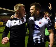 21 September 2018; Dundalk manager Stephen Kenny and Brian Gartland celebrate following the SSE Airtricity League Premier Division match between Cork City and Dundalk at Turners Cross in Cork. Photo by Stephen McCarthy/Sportsfile