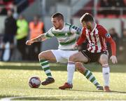 22 September 2018; Brandon Miele of Shamrock Rovers in action against Jamie McDonagh of Derry City during the SSE Airtricity League Premier Division match between Derry City and Shamrock Rovers at the Brandywell Stadium in Derry. Photo by Oliver McVeigh/Sportsfile