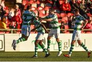 22 September 2018; Dan Carr of Shamrock Rovers, second from left, celebrates with team-mates after scoring his side's first goal during the SSE Airtricity League Premier Division match between Derry City and Shamrock Rovers at the Brandywell Stadium in Derry. Photo by Oliver McVeigh/Sportsfile